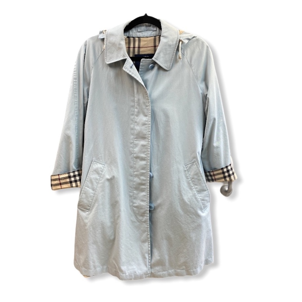 Light Blue Burberry Coat with Detachable Hood